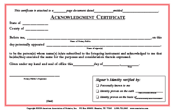 Arizona Acknowledgment Notarial Certificate Pad