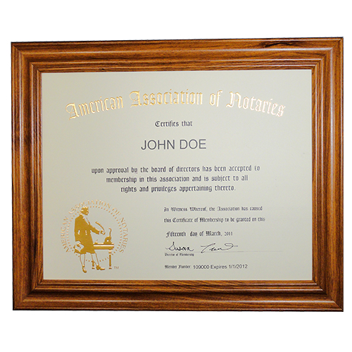 This Arizona notary deluxe membership certificate frame allows you to show off your notary membership in one of the most prestigious notary associations in the U.S. The frame includes a gold embossed 8.5 x 11 inches certificate with AAN logo, your name, membership number, membership expiration date, and the signature of our membership director. This item may only be purchased by active members of the American Association of Notaries. </p></p></p></p></p>