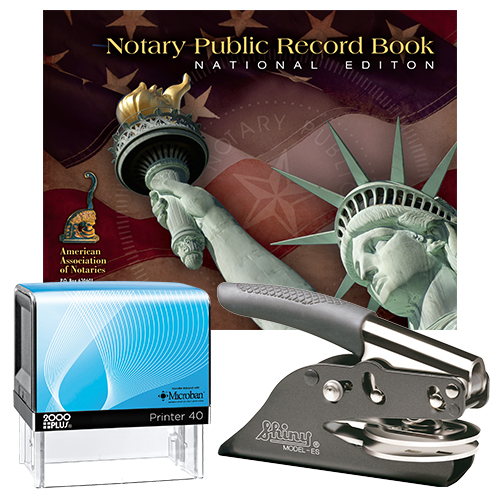 The Arizona notary supplies deluxe package contains everything you need, to perform your notarial duties correctly and efficiently. The Arizona notary supplies deluxe package includes Arizona E-Z handheld notary seal embosser or the Arizona Dual-use Embosser item # AZ501, Arizona notary stamp, and Arizona notary record. The notary seal produces thousands of perfect and consistent notary seal impressions. The notary stamp is available in several case colors and five ink colors, produces thousands of perfect and consistent notary stamp impressions, stamp-after-stamp, without the need for an ink pad or re-inking. The modern, ergonomic design of this stamp soft-touch exterior fits comfortably in your hand and with gentle pressure produces the sharpest Arizona notary stamp impression with ease. An index label allows you to quickly identify your notary stamp and ensures a right-side-up impression. A clear base positioning window guarantees accurate placement of your notary stamp on documents. With the click of a button, the ink pad - which is built into the notary stamp - can easily be accessed for changing or refilling. This E-Z notary seal embosser has a dual cam mechanism in the lever, which provides added leverage so that you can make with ease and little pressure a clear and crisp raised notary seal impression every time even on thick cardstock paper.