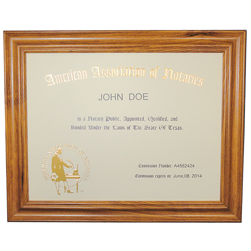 This Arizona notary commission frame is made of solid hardwood. Available in cherry, black, and walnut wood. The notary frame includes a gold embossed notary certificate, personalized with your notary name and your Arizona notary commission information. Proudly display your status as a commissioned Arizona notary public with our deluxe notary certificate frame. This certificate frame can be purchased by both non-members and members of the AAN.