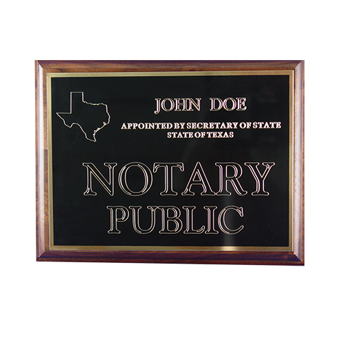 This Arizona notary deluxe wall sign is mounted on an attractive walnut plaque and engraved on a metal plate with gold lettering with your name, your state, and the wording 'Notary Public'. This sign makes a fine addition to any office.